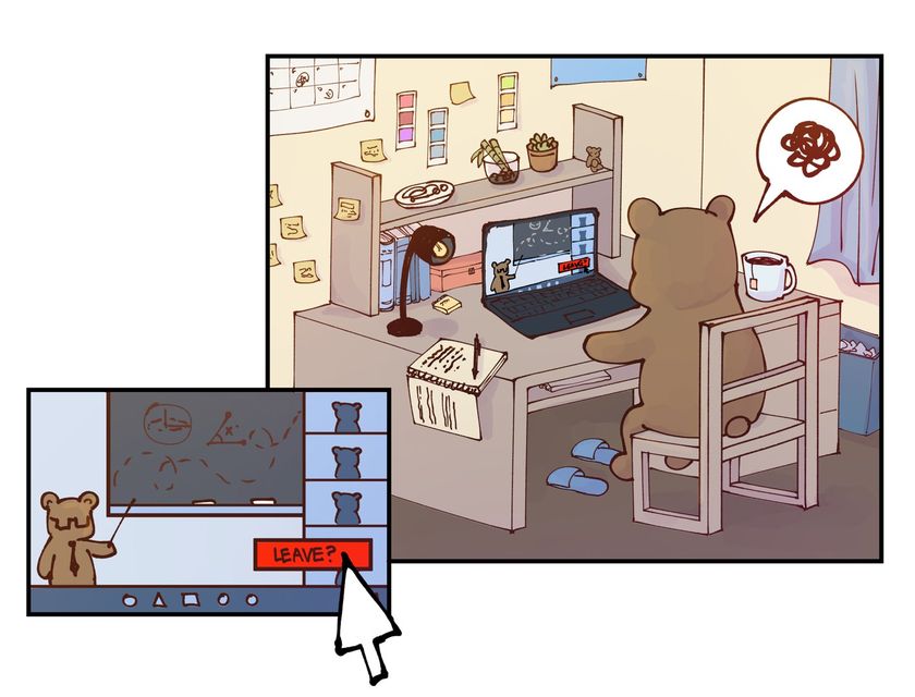 Bear attending an online class at a desk