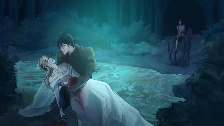 Figure cradling a bride in a moonlit forest
