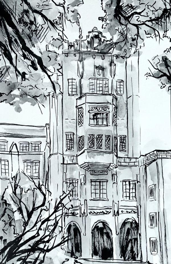 Ink drawing of an ornate building facade