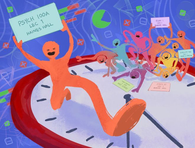 Illustration of students racing a clock during class enrollment