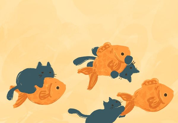 Goldfish and cats painted in orange and blue