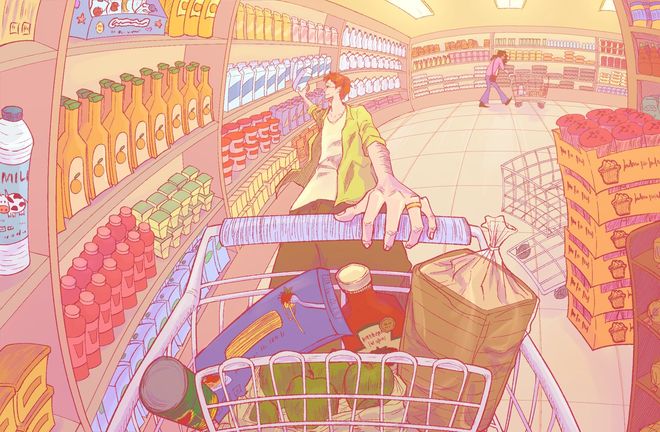 Pink-lit grocery store aisle