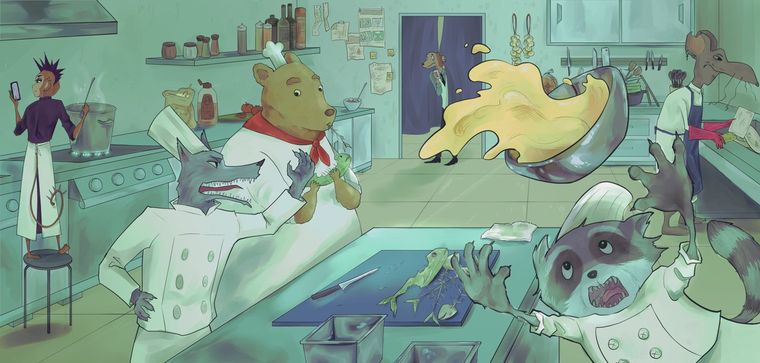 Animal chefs working in a green kitchen