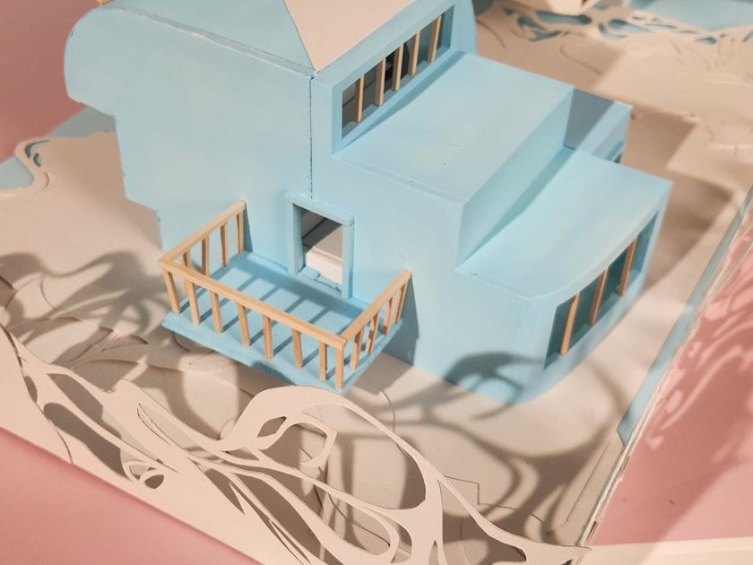 Close-up of a pale blue architectural model