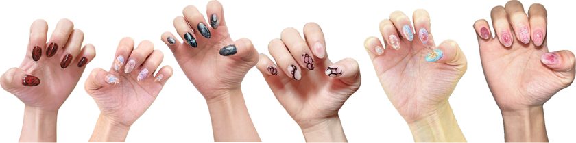 Six hands showing painted nail-art sets