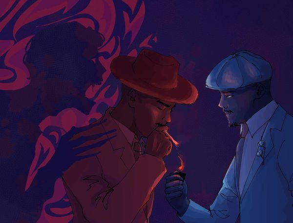 Two figures in red and blue lighting a cigarette
