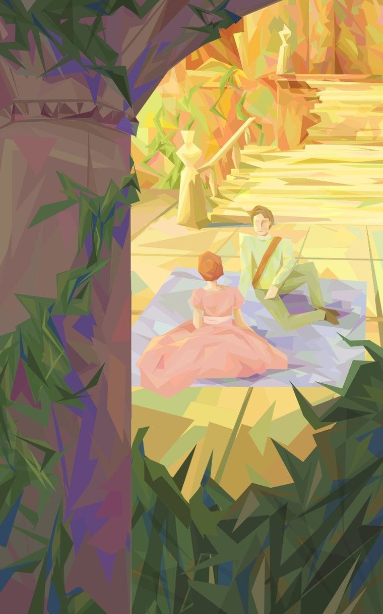 Low-poly illustration of a couple picnicking