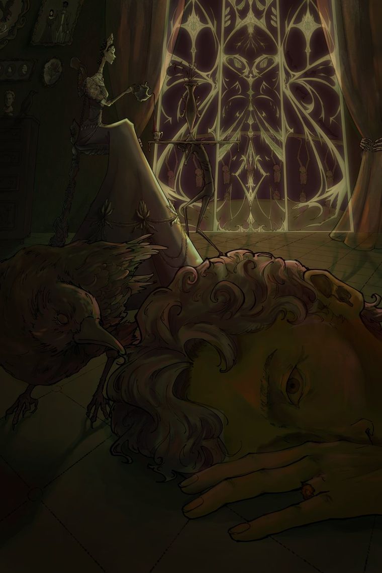 Dark interior with a seated figure and a raven