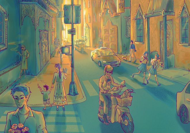 Teal and gold street scene at a crosswalk
