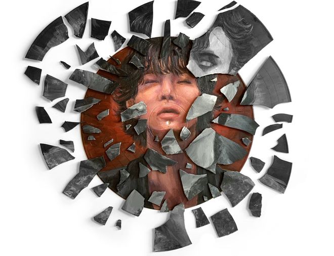 Portrait painted on a shattered vinyl record