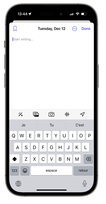 Apple Journal blank entry screen