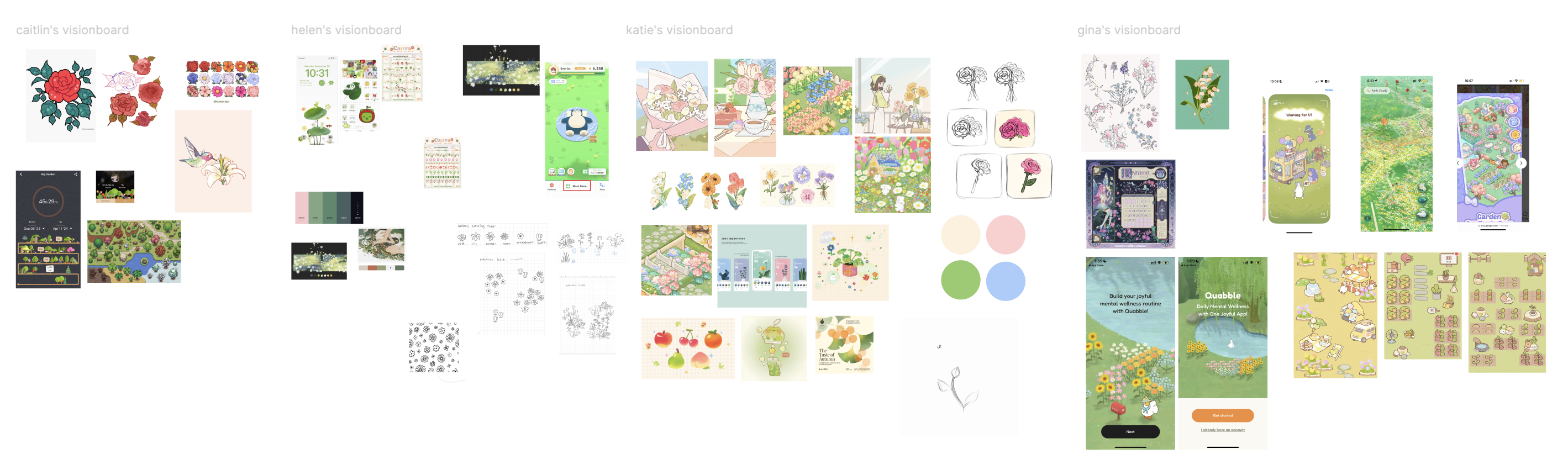 Four team vision boards collecting garden illustrations, color palettes, and app references